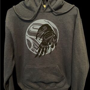 Native Raven Graphic Hoodie Heather Blue Tribal Art Pullover Sweatshirt S/M